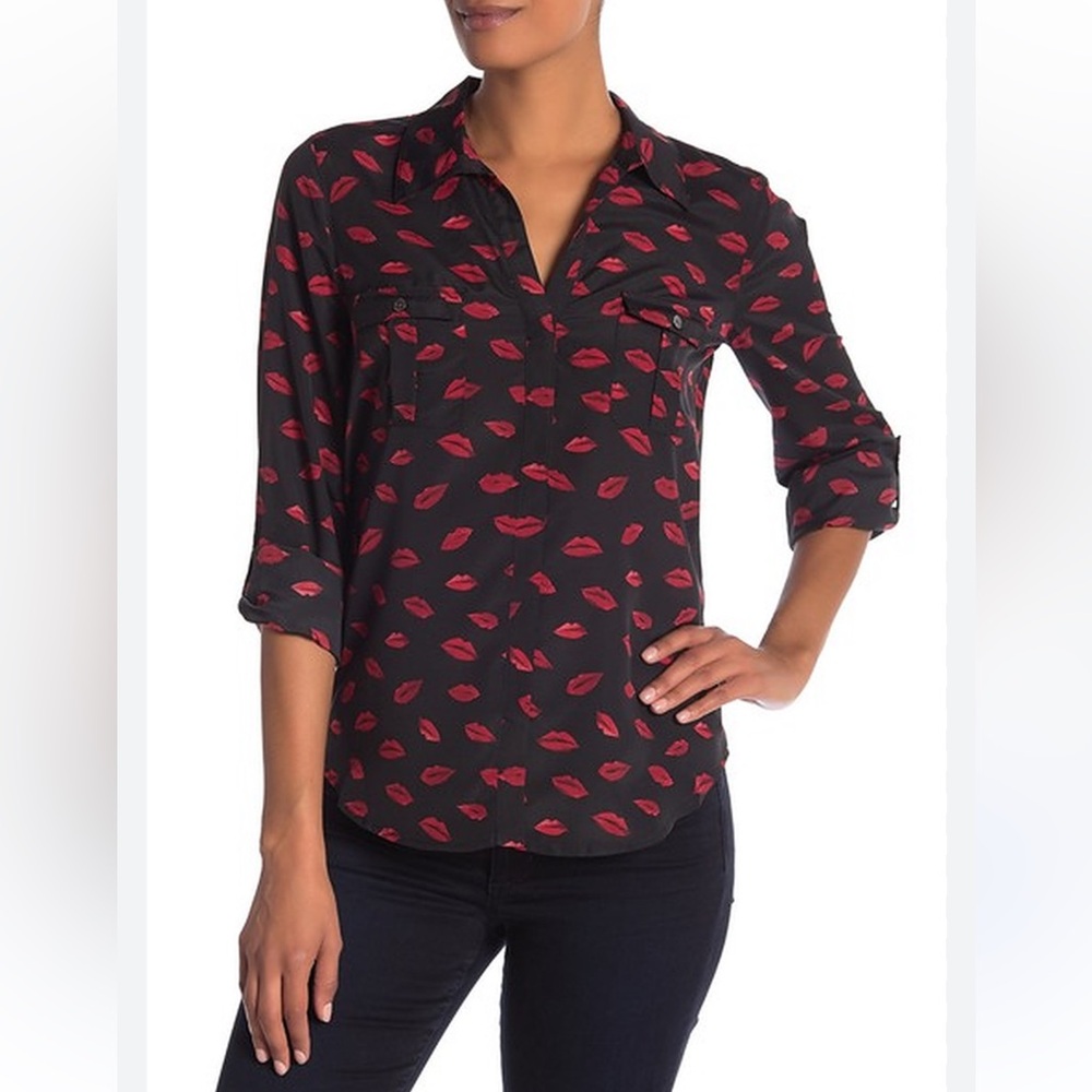 Joie Black and Red Lip Print 3/4 Sleeve Buttoned Blouse